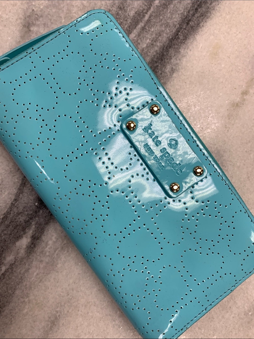 kate spade glossy turquoise patent leather perforated continental wallet